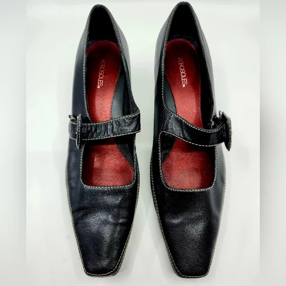 AEROSOLES Black Leather Mary Jane Buckle Heels Size 8 Topstitcing - Picture 3 of 9